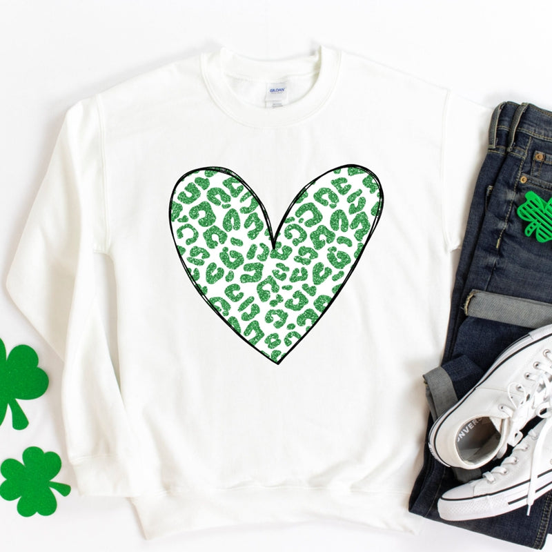 St. Patrick's Day Green Glitter Leopard Heart Sweatshirt