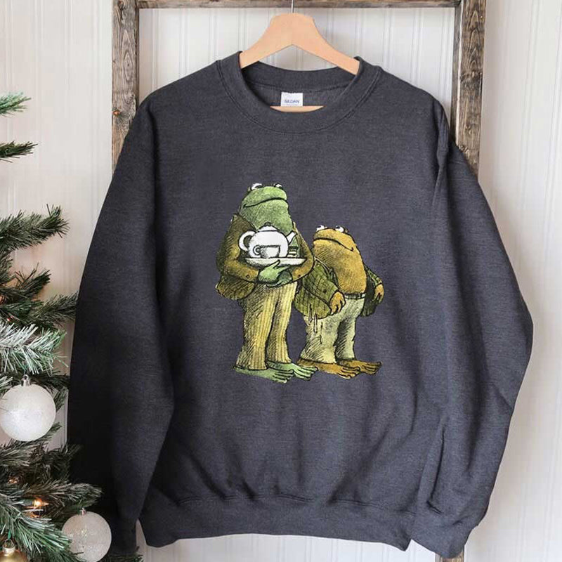 Sweat-shirt décontracté à imprimé grenouille et crapaud