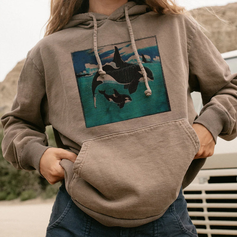 Retro Surf Orca Shark Printed Casual Hoodie