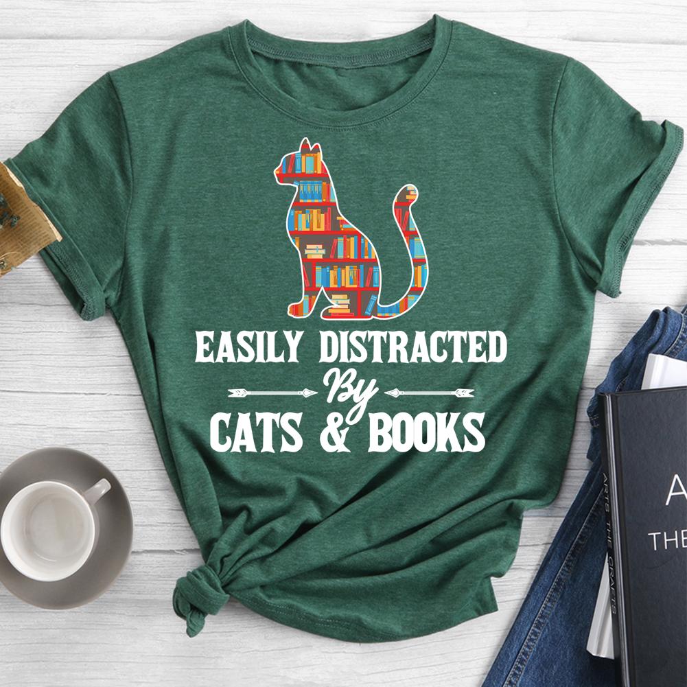 Cat And Book Round Neck T-shirt