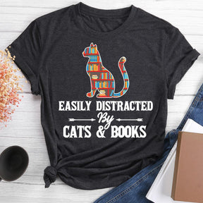 Cat And Book Round Neck T-shirt