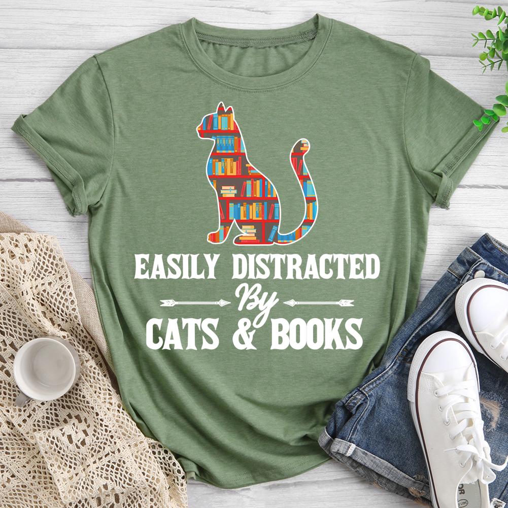 Cat And Book Round Neck T-shirt