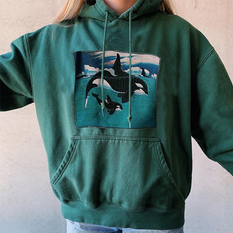 Retro Surf Casual Orca Shark Print Hoodie